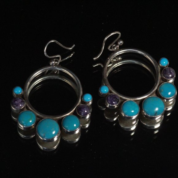 Vintage Southwest Sterling Silver Turquoise Handmade Drop  STERLING SILVER MARKED TURQUOISE AMETHYST SOUTHWEST DANGLE EARRINGS